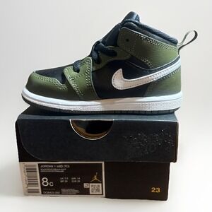 *NEW* TODDLER BABY NIKE AIR JORDAN 1 MID (TD) BLACK/WHITE-OLIVE (DQ8425 092) 8c